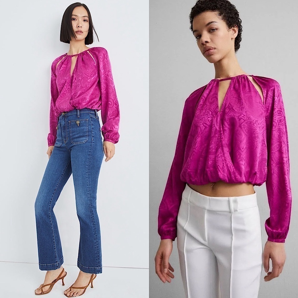 NWT VERONICA BEARD 70s Silk Paisley Puff Long Sleeve Cutout Wrap Crop Blouse 0